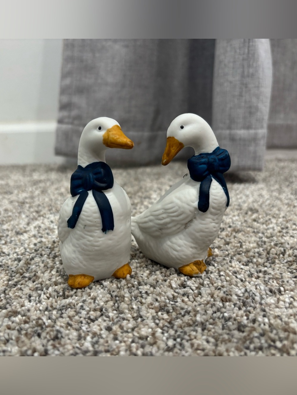 Vintage Geese With Blue Ribbons Porcelain Ornaments Country Cottage Core